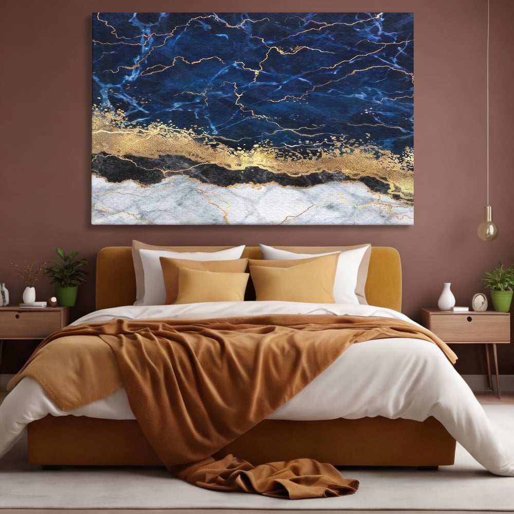 Tablou canvas cu tablou canvas cu marmura abstracta, fara rama, pe sasiu de lemn, pe perete intr-un dormitor